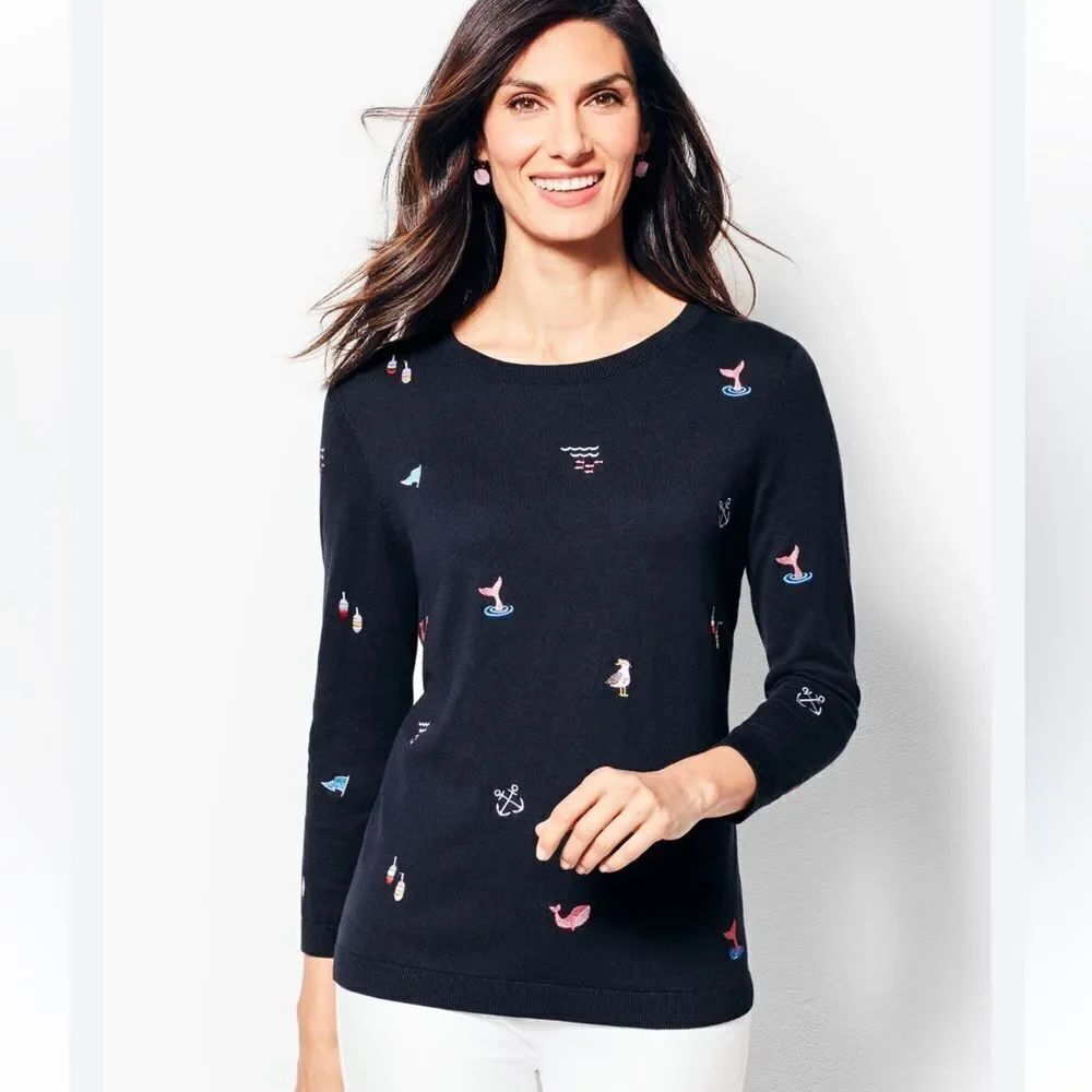 Talbots Nautical Embroidered Theme Navy Blue Long Sleeve Crew Knit Sweater